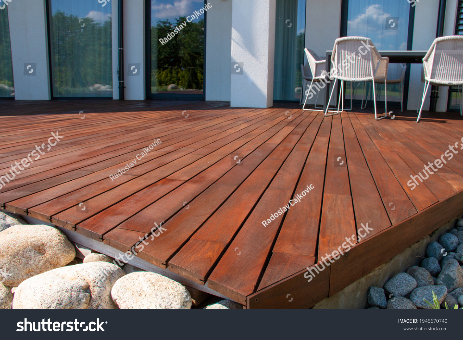Ipe wood deck, modern house design with wooden patio, low angle view of tropical hardwood decking #1945670740