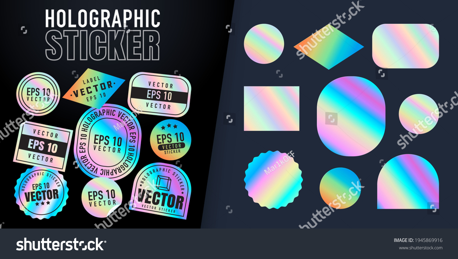 Holographic stickers. Hologram labels of different shapes. Colored blank rainbow shiny emblems, label. Paper Stickers. Vector illustration #1945869916