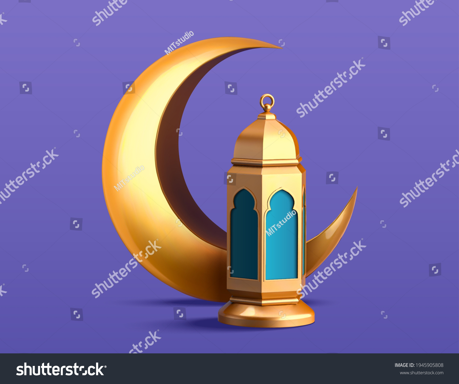 3d religion element collection of Islamic lantern fanoos and metal crescent moon. Suitable for Ramadan or Eid al Adha decoration. #1945905808