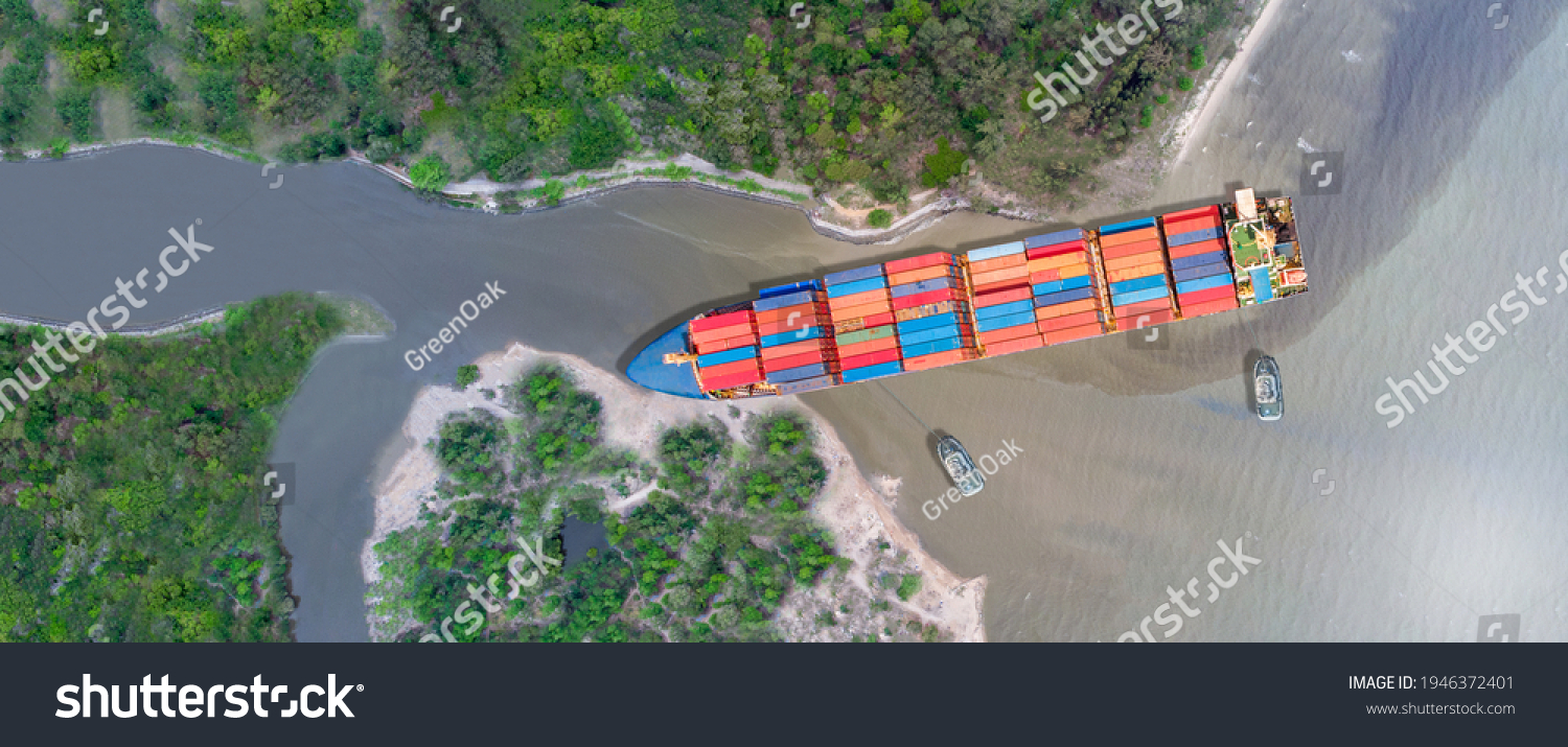 webinar banner, Canal blocked by huge cargo container ship; Aerial top view of accident container ship a stranded ship with salvage crews across the canal concept accident safety and insurance. #1946372401