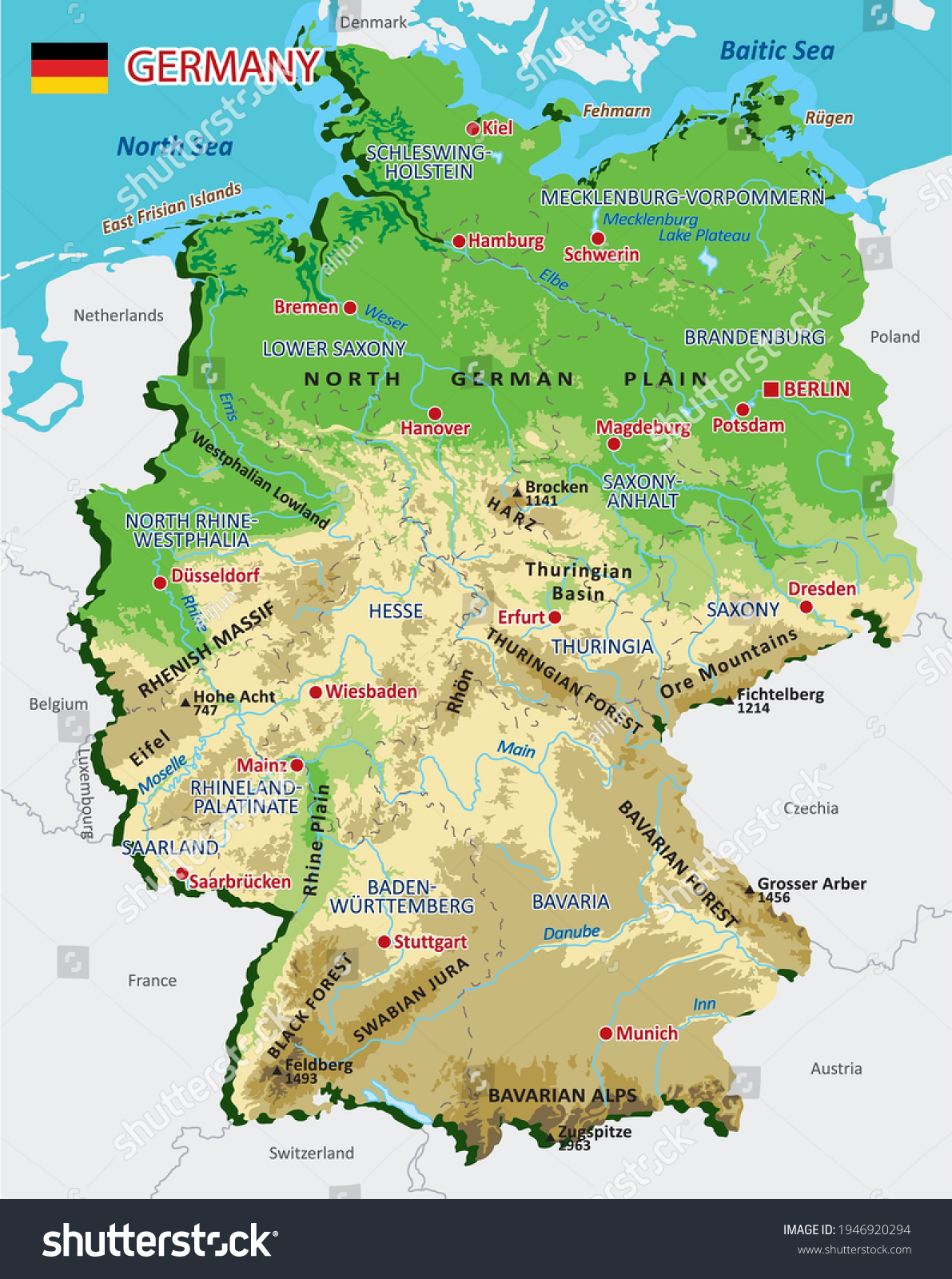 High Detailed Germany Physical Map With Regions, - Royalty Free Stock ...