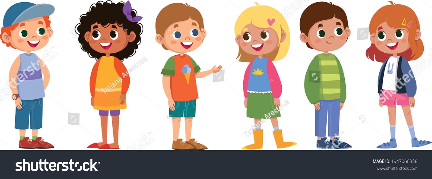 Children schoolchildren vector set. Boys and girls laugh and play. The black-skinned woman is beautiful, red-haired, blonde, fair-haired. Cartoon characters are standing. Illustration funny clipart cu #1947060838