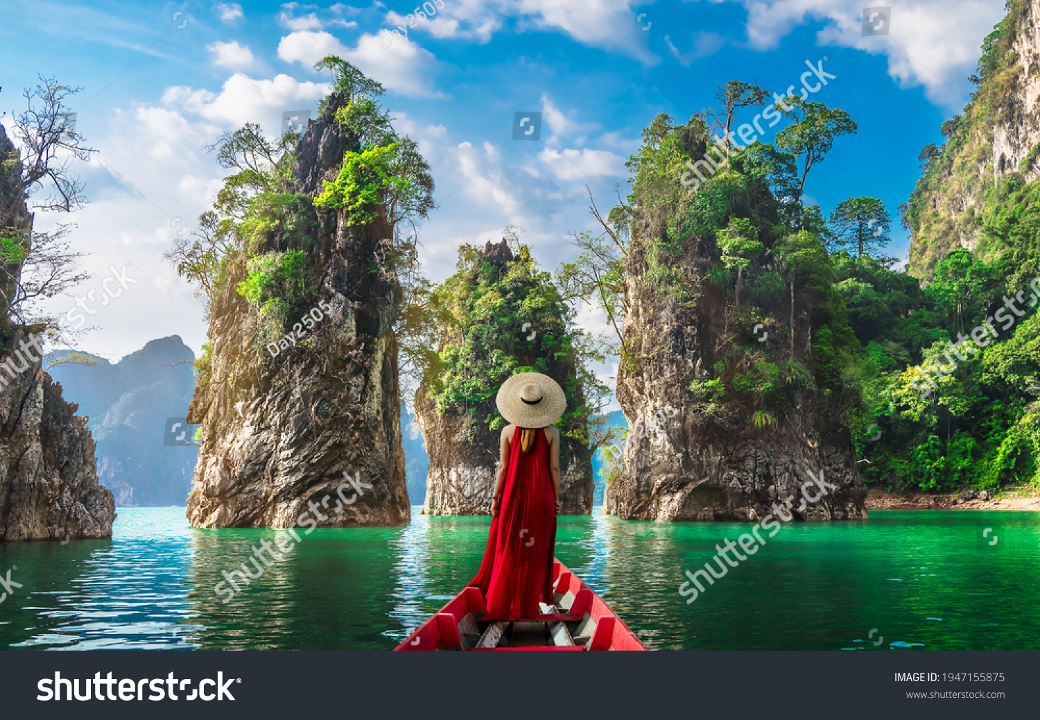 Woman traveler on boat joy nature view rock island scenic landscape Khao Sok National Park, Famous attraction adventure place travel Thailand, Tourism beautiful destinations Asia holiday vacation trip #1947155875