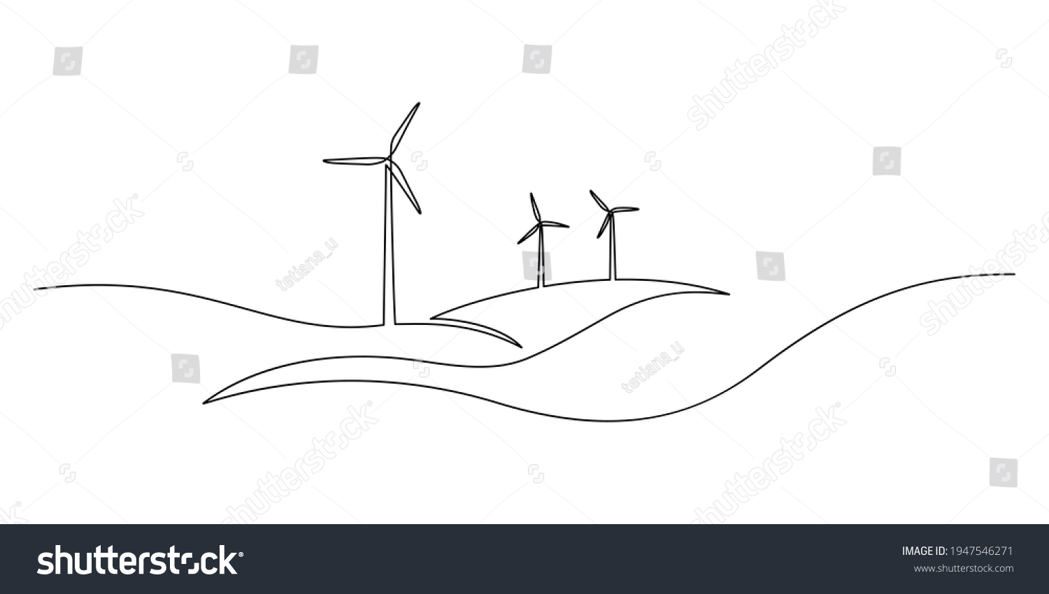 Wind energy in continuous line art drawing style. Hilly landscape with wind turbines producing electricity. Renewable source of power. Black linear design isolated on white background #1947546271