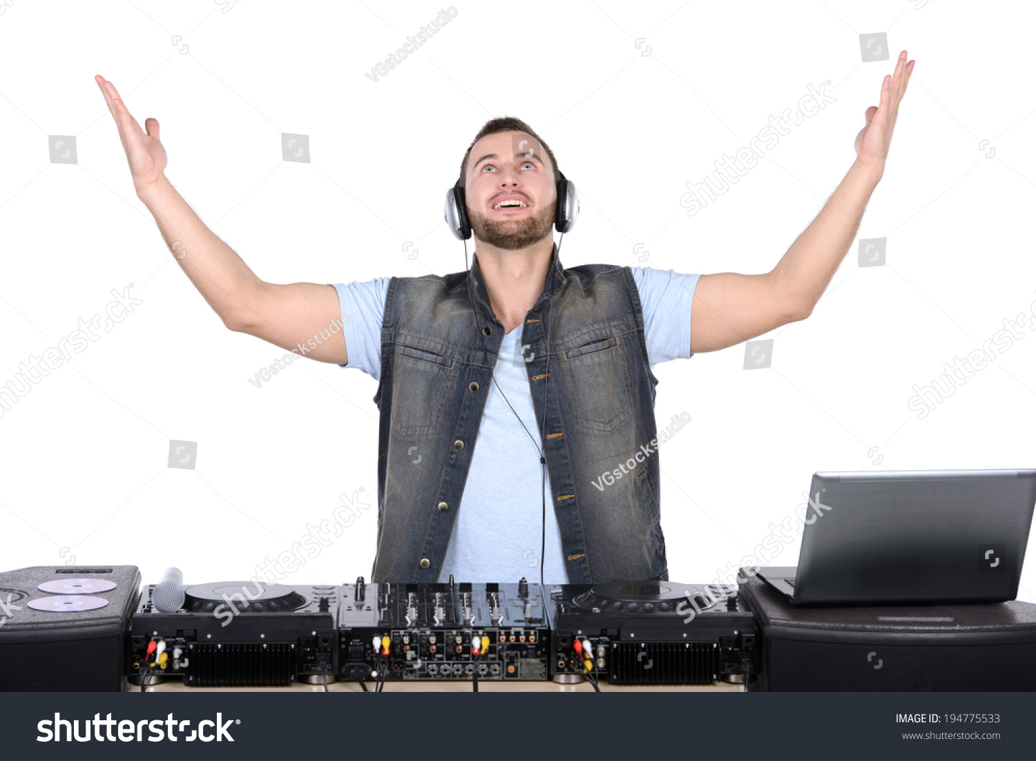 Cool DJ at work. Happy young men spinning on turntable while isolated on white #194775533