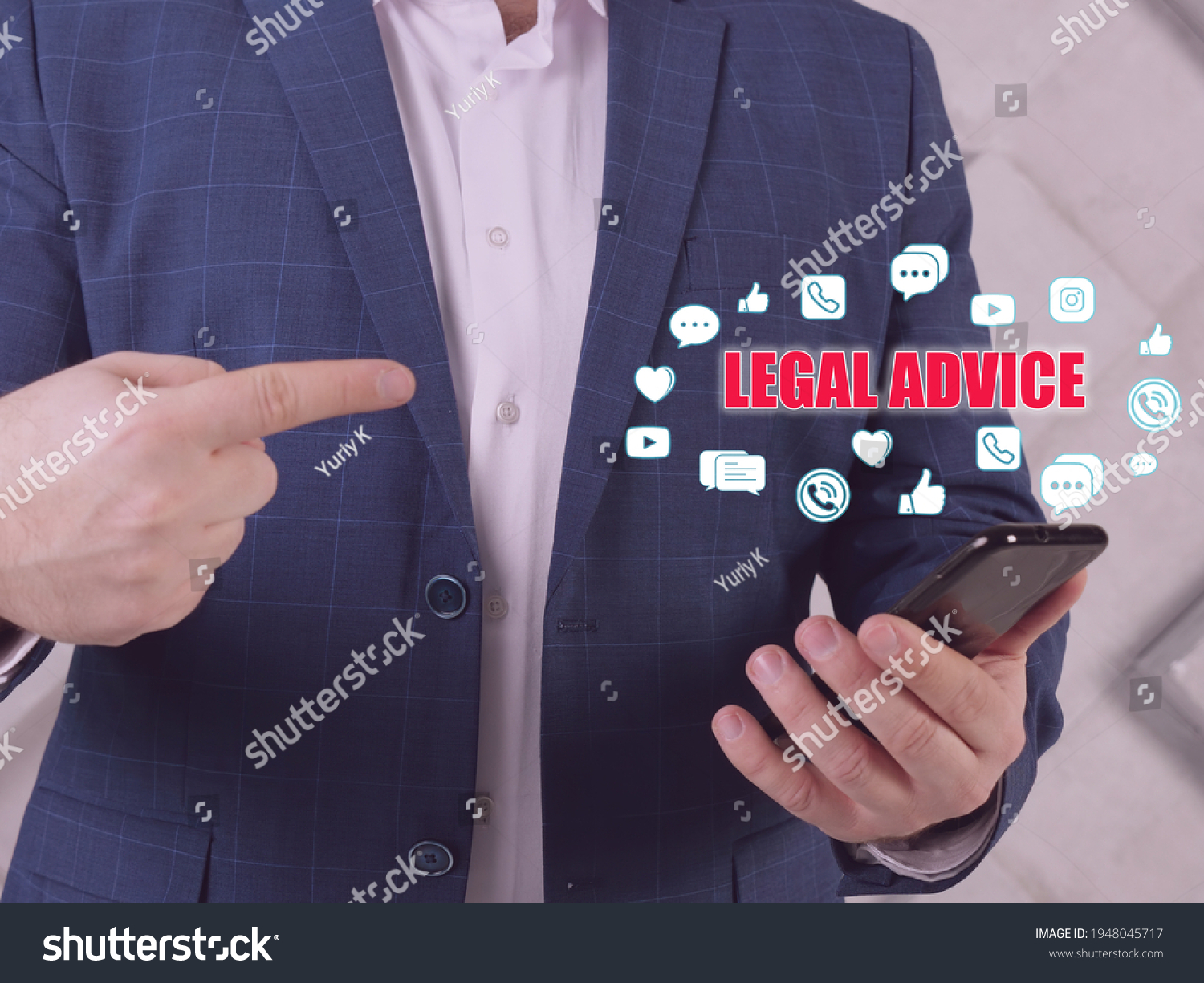  LEGAL ADVICE text in search bar. Businessman looking at cellphone. The giving of a professional regarding the substance or procedure of theÂ lawÂ in relation to a particular factual situation
 #1948045717