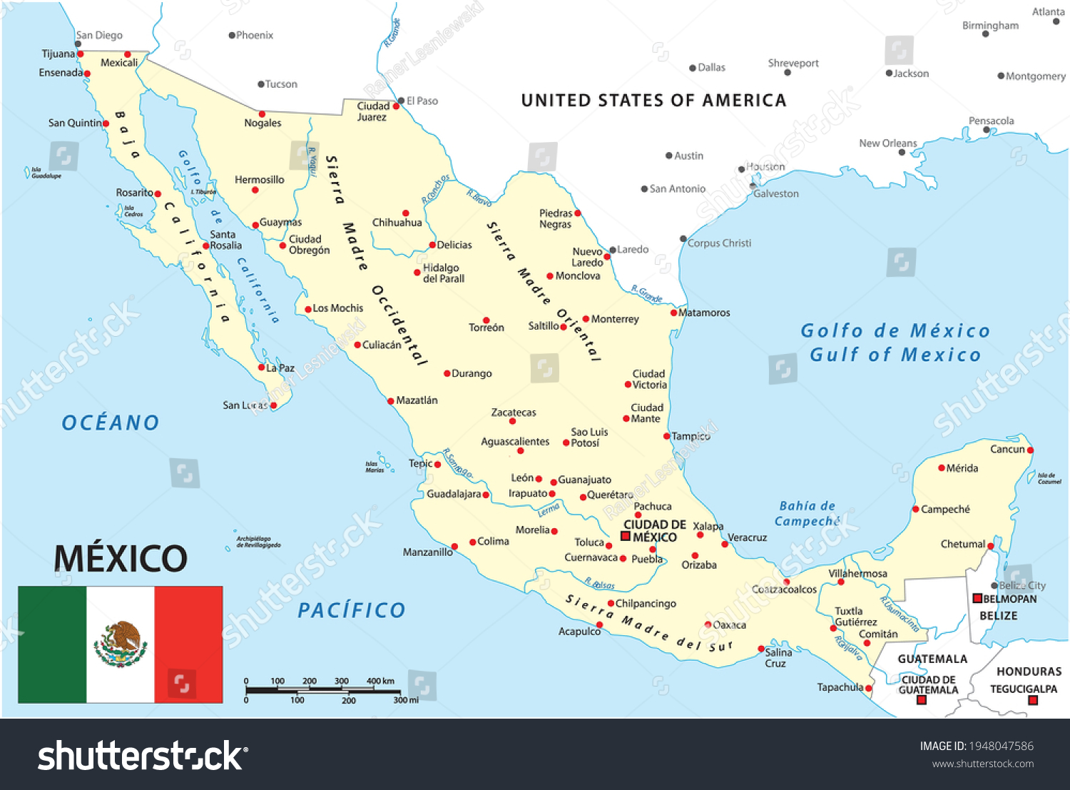 Map Of Mexico With National Borders, Main Cities - Royalty Free Stock 