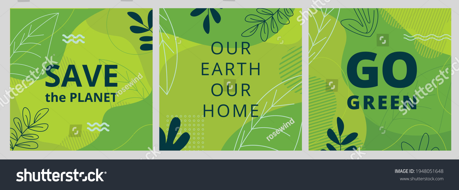 Set of Earth Day posters with green backgrounds, liquid shapes, leaves and elements. Layouts for prints, flyers, covers, banners design. Eco concepts. Vector illustration #1948051648