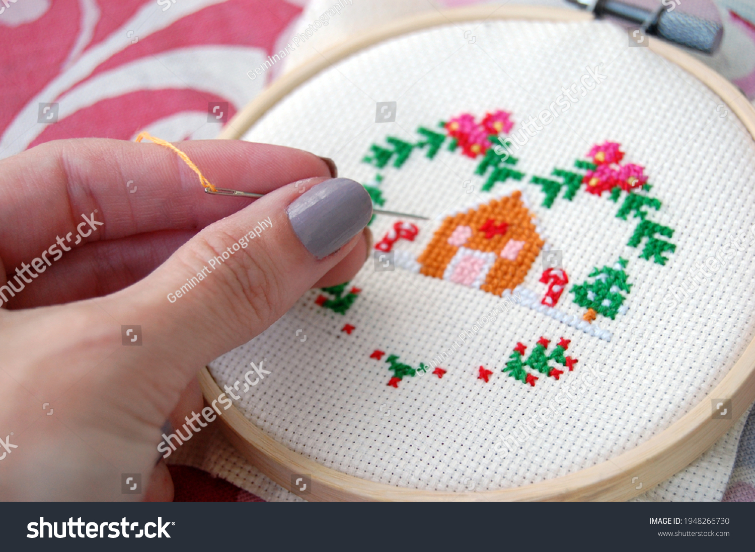 Cross stitching hobby with needle and thread #1948266730