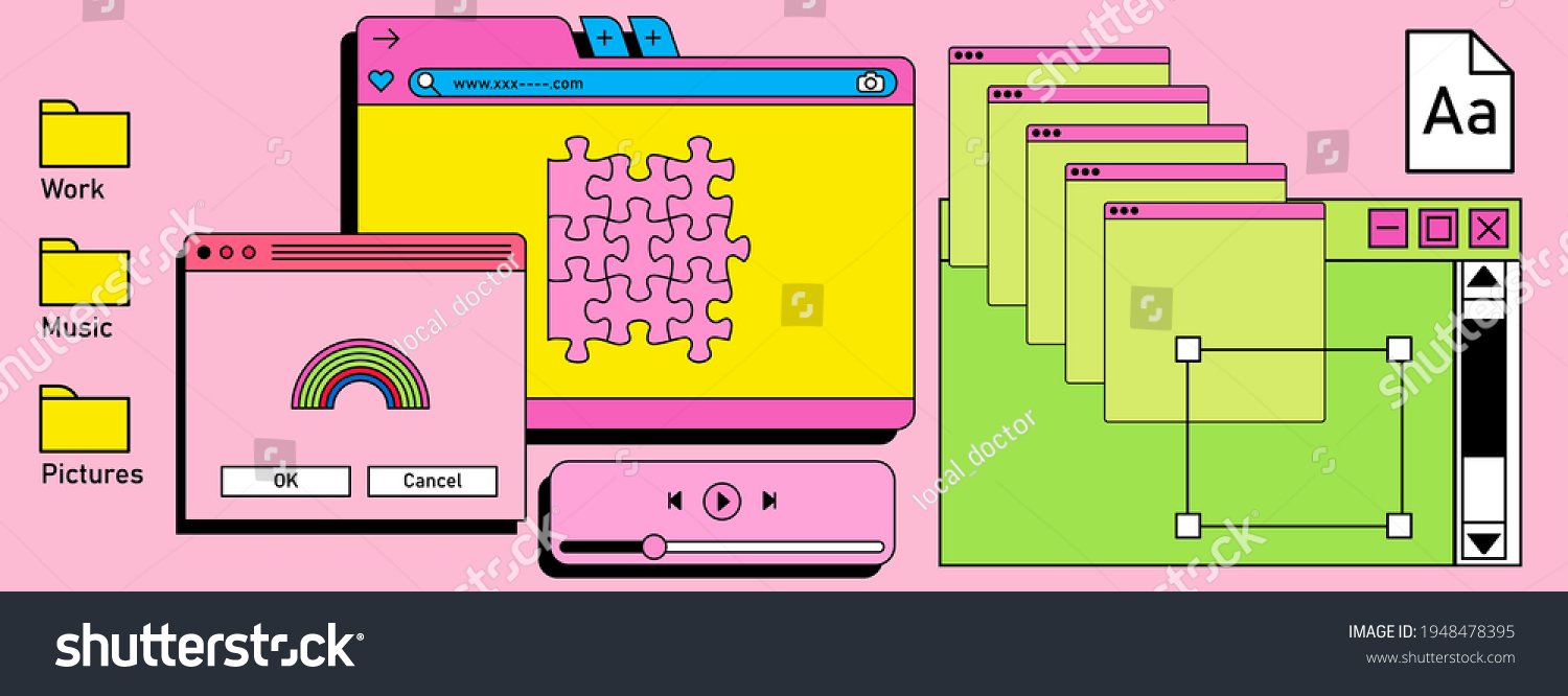 Retro vaporwave desktop with message boxes and user interface elements. A conceptual illustration of website and application programming. #1948478395