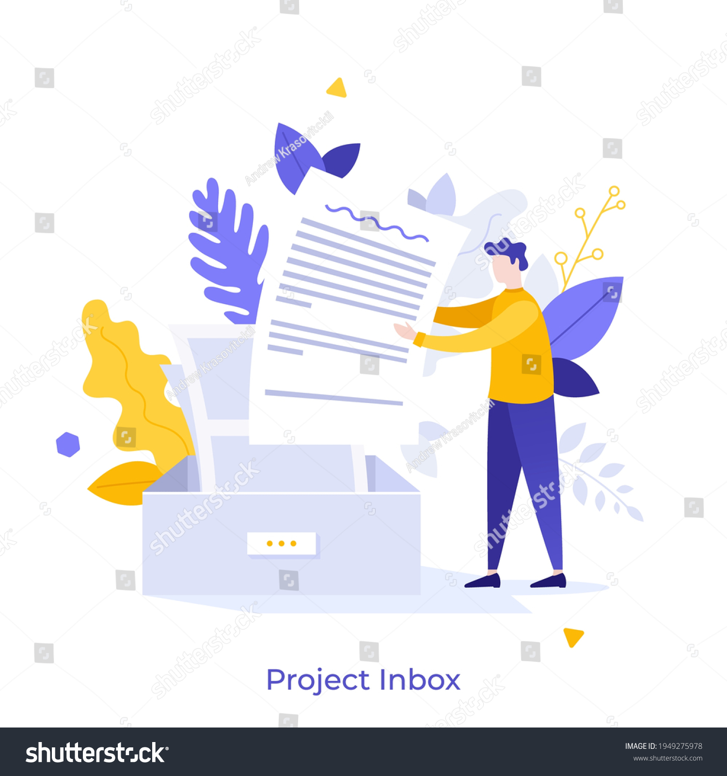 Man putting letter or mail into box. Concept of business project inbox, mailbox, email, electronic address for communication or correspondence. Modern flat colorful vector illustration for banner. #1949275978
