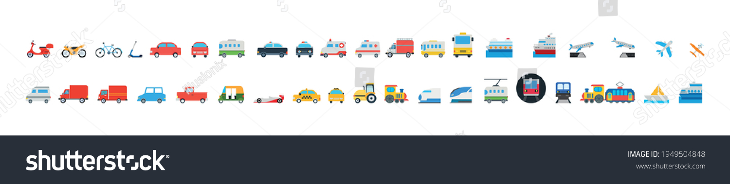 All Transport Vector Icons Set. Transportation, Logistics, Delivery, Shipping, Railway, Airways, Ambulance, Emergency car symbols, emojis, emoticons, vector illustration icons collection #1949504848