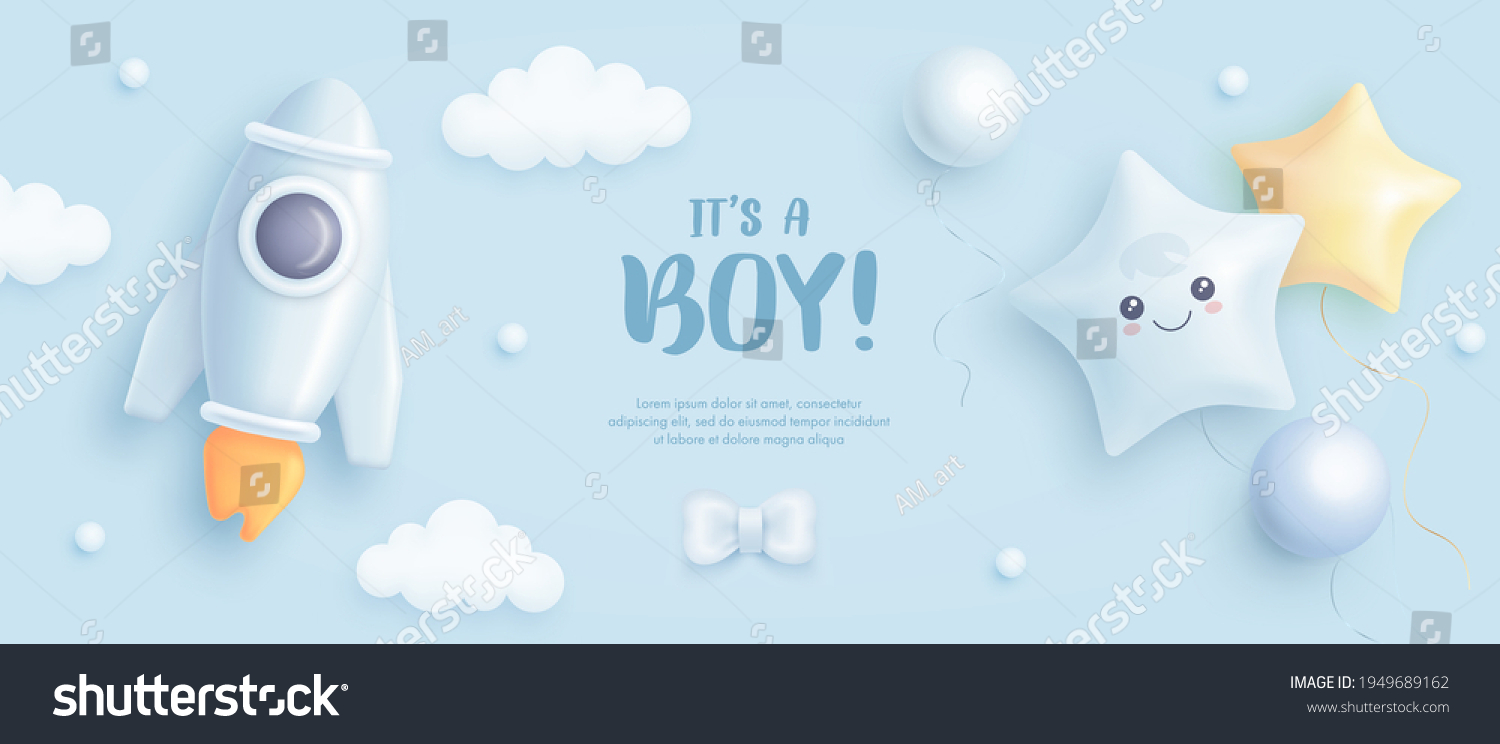 Baby shower horizontal banner with cartoon rocket and helium balloons on blue background. It's a boy. Vector illustration.eps #1949689162