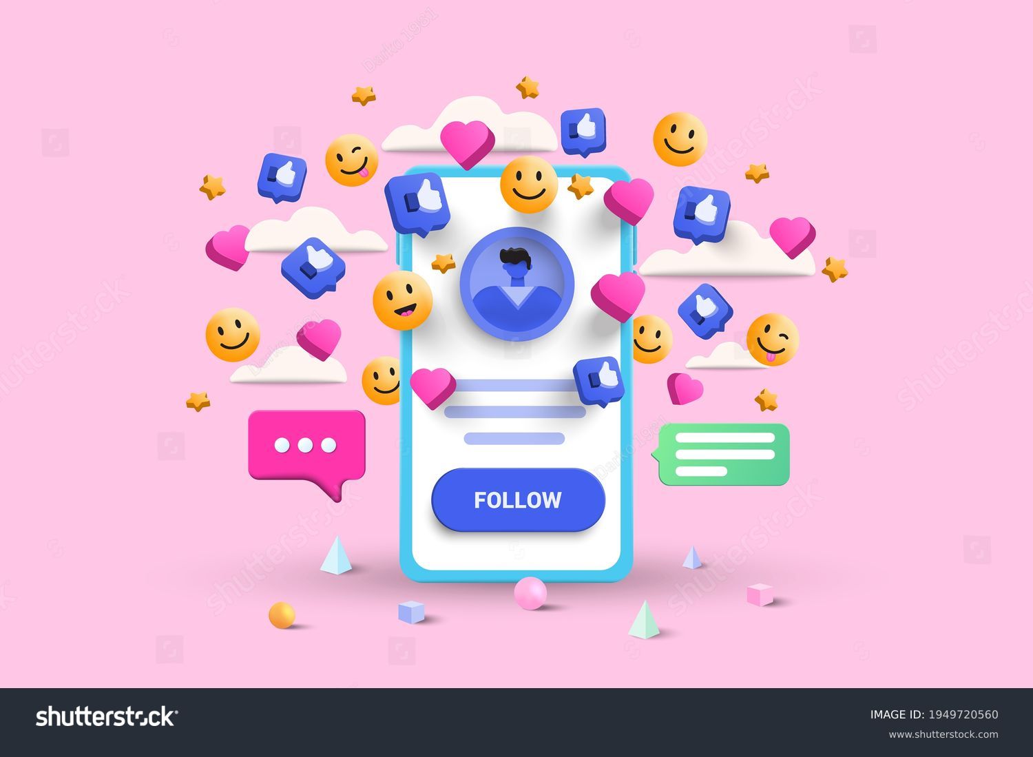 3D Social media platform, online social communication applications concept, emoji, hearts, chat and chart with smartphone background. 3d Vector illustration #1949720560