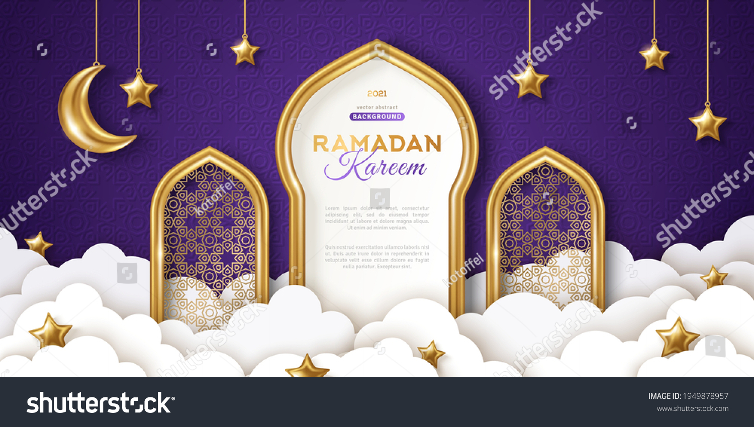 Ramadan Kareem concept banner, gold 3d frame arab window on night sky background, beautiful arabesque pattern. Vector illustration. Hanging golden crescent and stars, paper cut clouds. Place for text #1949878957