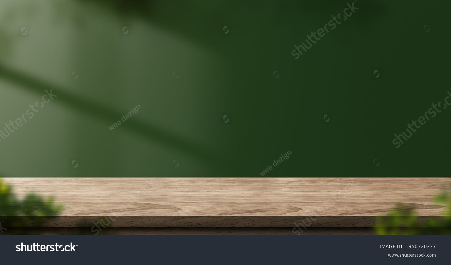 wood table green wall background with sunlight window create leaf shadow on wall with blur indoor green plant foreground.panoramic banner mockup for display of product.eco friendly interior concept #1950320227
