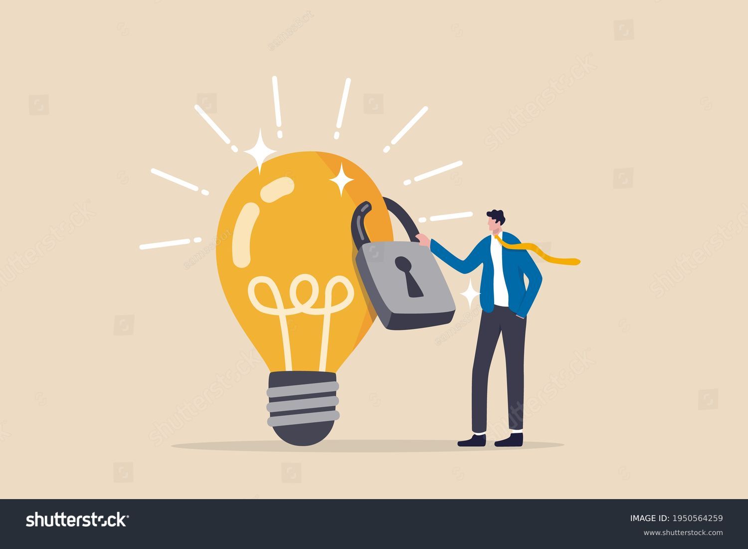 Intellectual property, patented protection, copyright reserved or product trademark that cannot copy concept, businessman owner standing with light bulb idea locked with padlock for patents. #1950564259