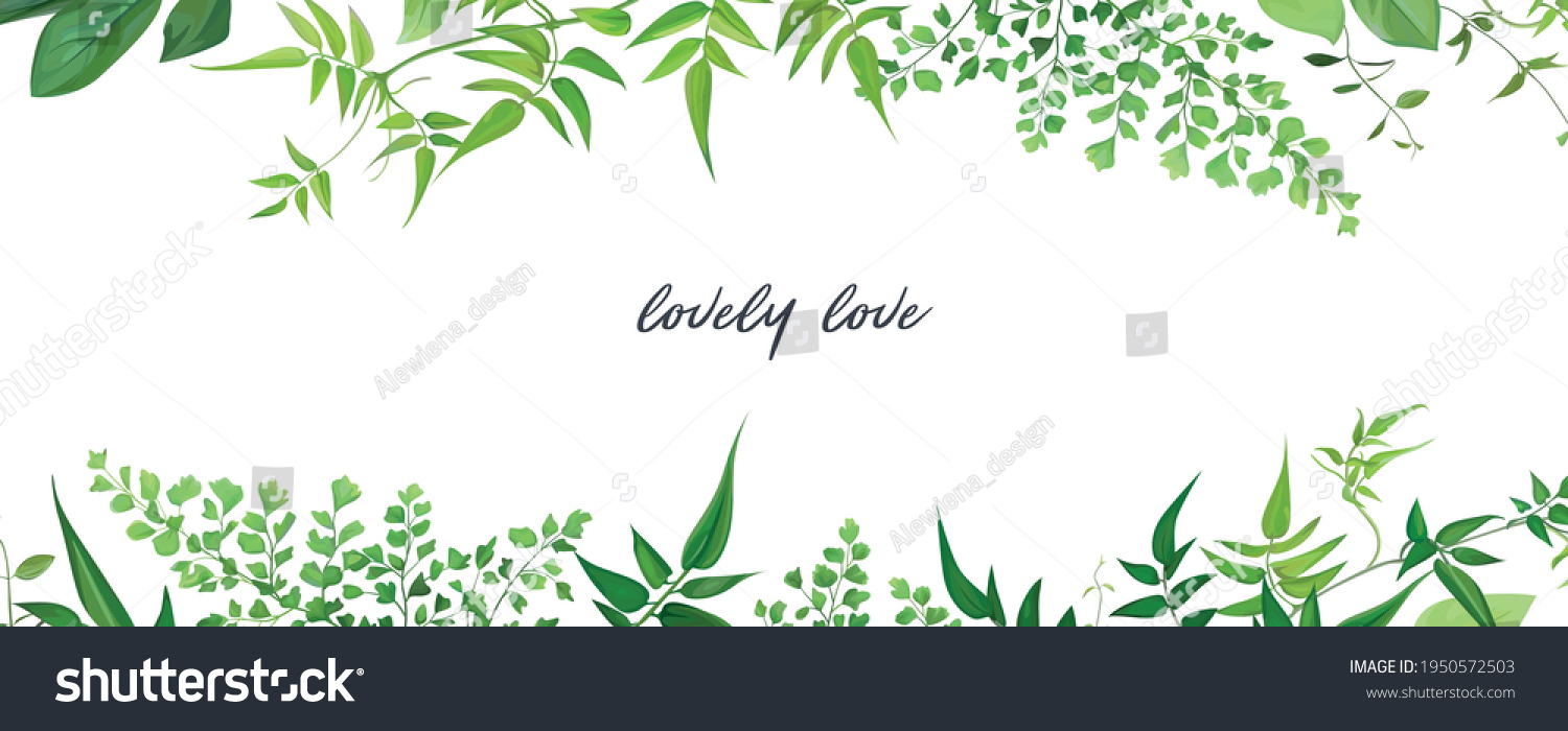 Tropical forest greenery leaves, branches, jasmine vine, forest fern, herbs natural border, frame, banner. Vector, editable, watercolor art illustration. Poster, wedding invite, greeting card template #1950572503