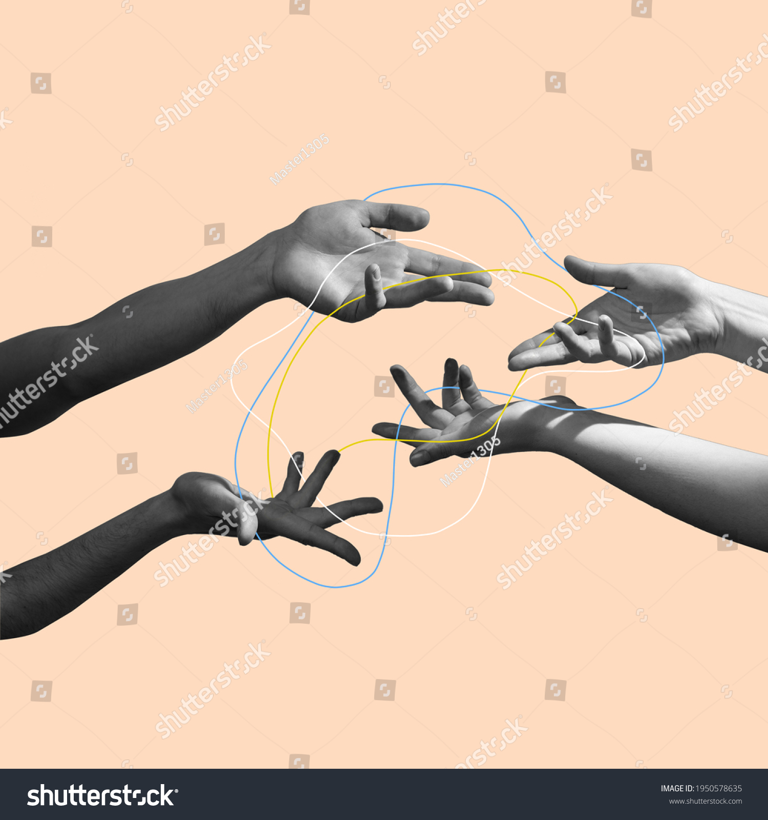 Difficulties. Hands aesthetic on bright background, artwork. Concept of human relation, community, togetherness, symbolism, surrealism. Light and weightless touching unrecognizable #1950578635
