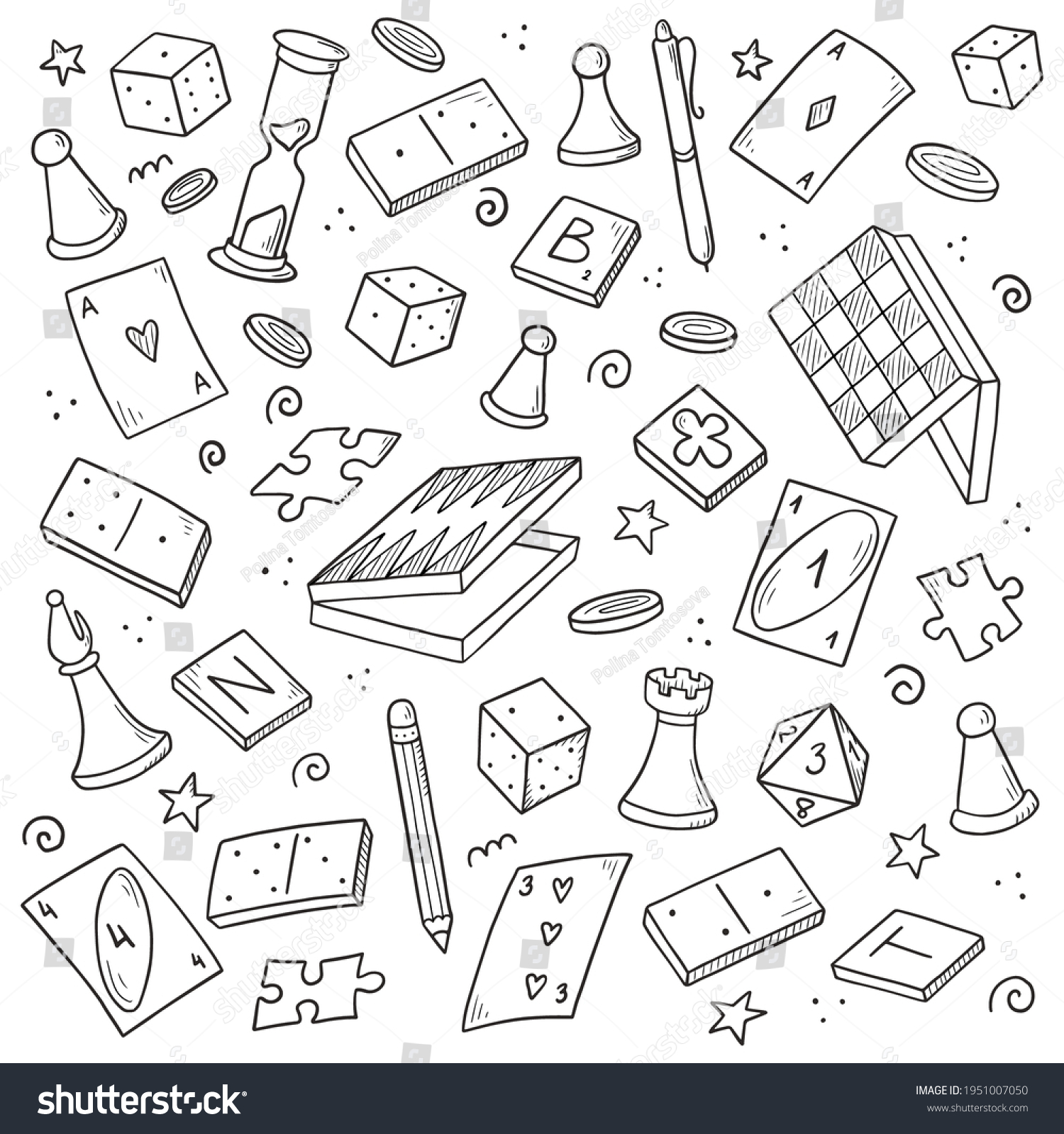 Hand drawn set of board game element, cards, chess, hourglass, chips, dice, dominoes. Doodle sketch style. Isolated vector illustration for board game shop, store, game competition. #1951007050