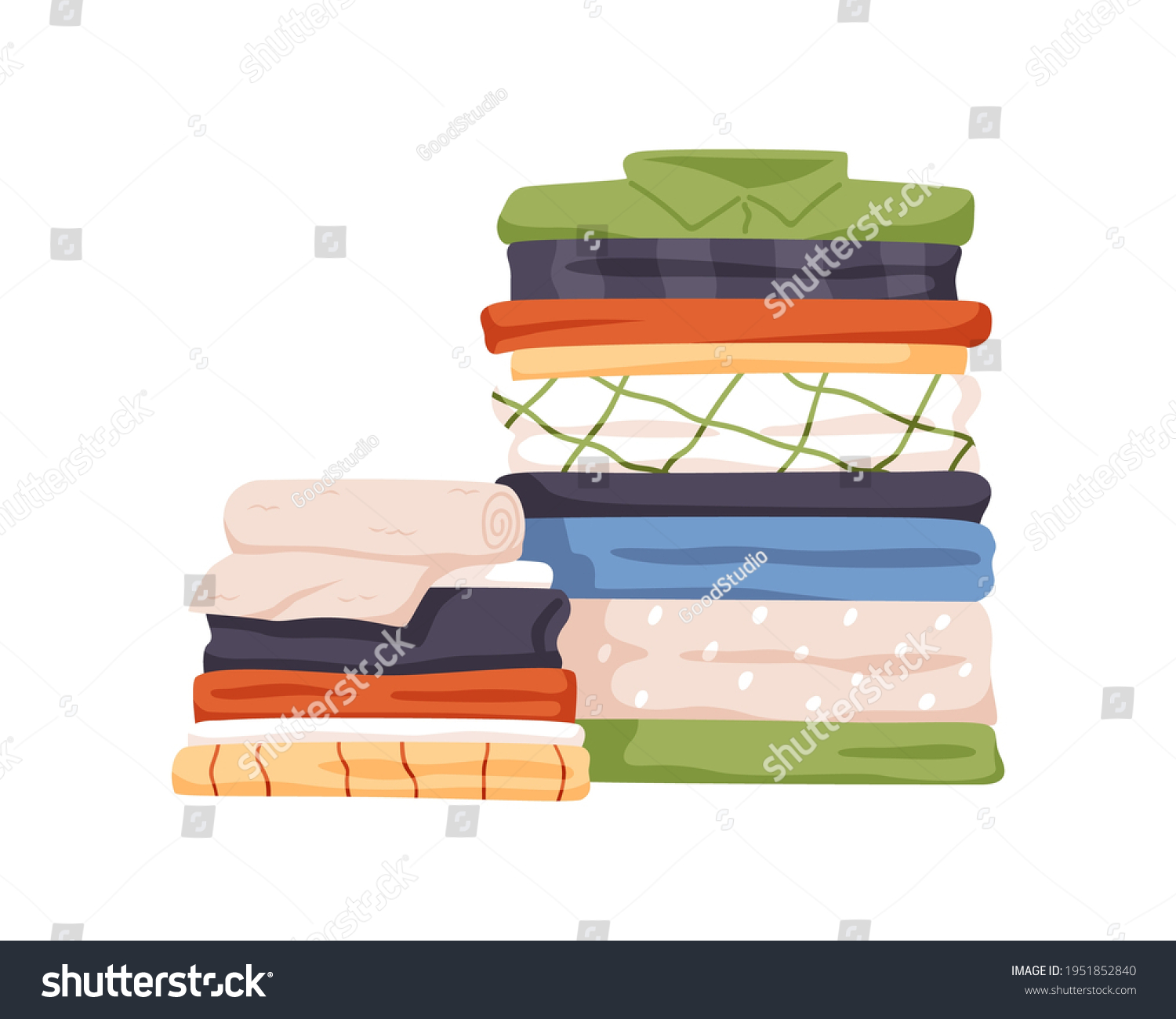 Stack of neat and clean clothes. Pile of neatly folded shirts, tshirts, jeans, trousers, pants and bath towels. Flat cartoon vector illustration isolated on white background #1951852840