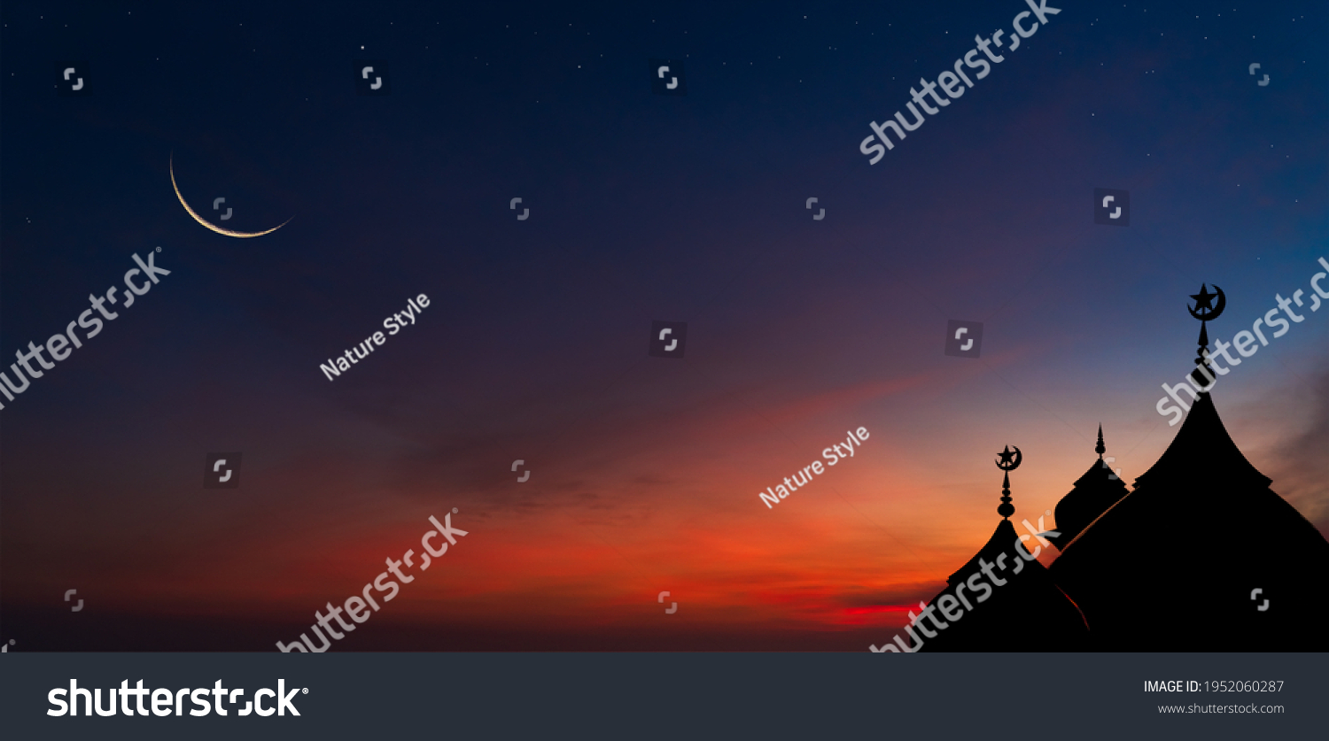 Mosques Dome on dark blue twilight sky and Crescent Moon on background, symbol islamic religion Ramadan and free space for text arabic, Eid al-Adha, Eid al-fitr, Mubarak, Islamic new year Muharram  #1952060287