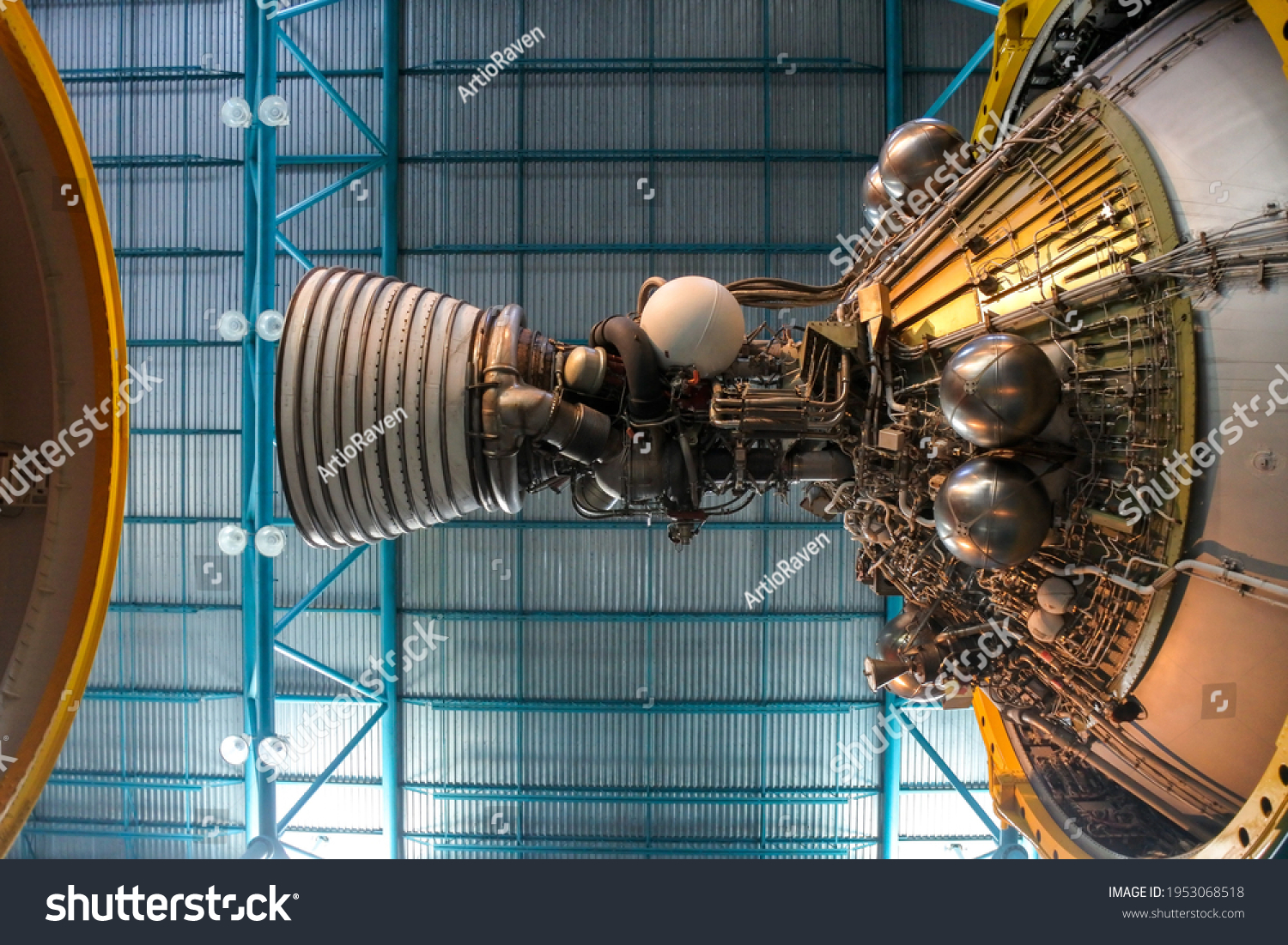 Exhaust pipes of space rocket with lots of wires and metal parts for space exploration #1953068518