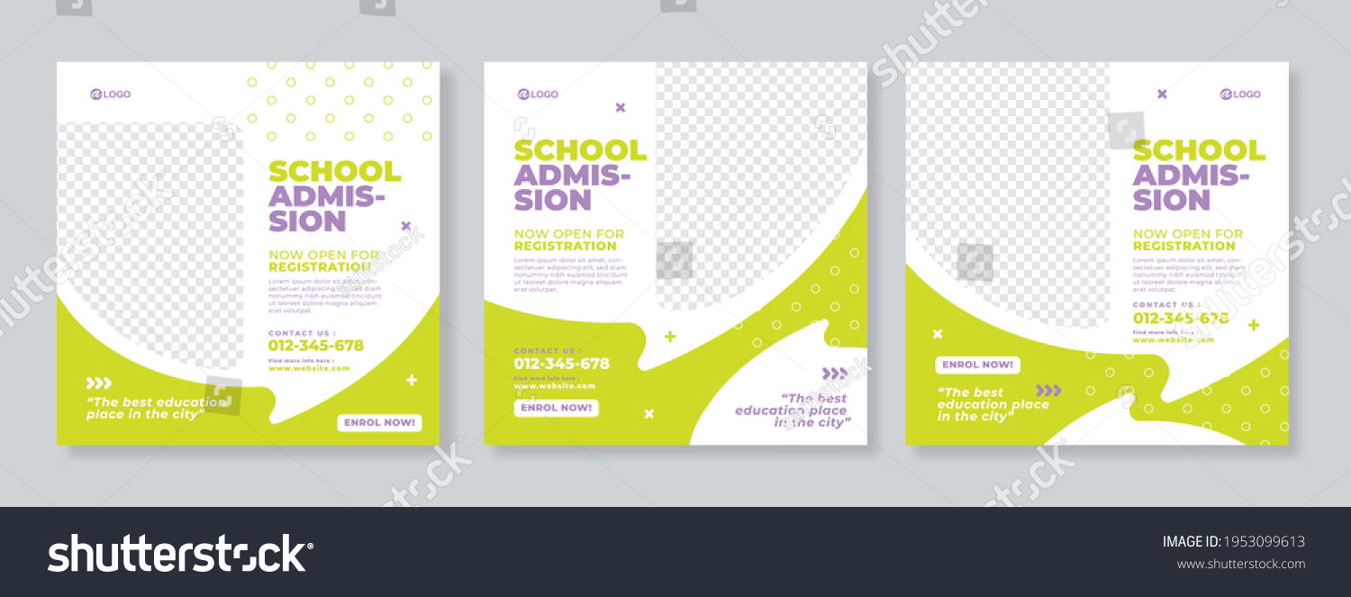 Set of three green grey with bubble chat background and photo school admission or education social media pack template premium vector #1953099613