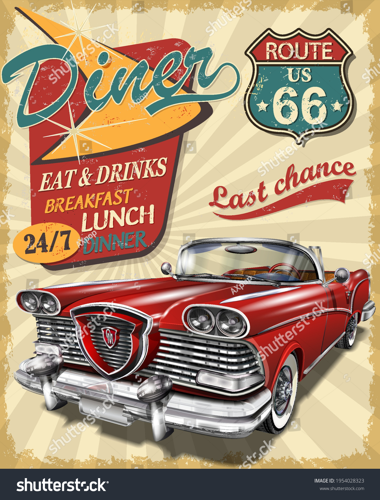 Diner route 66 vintage poster with Diner sign - Royalty Free Stock ...