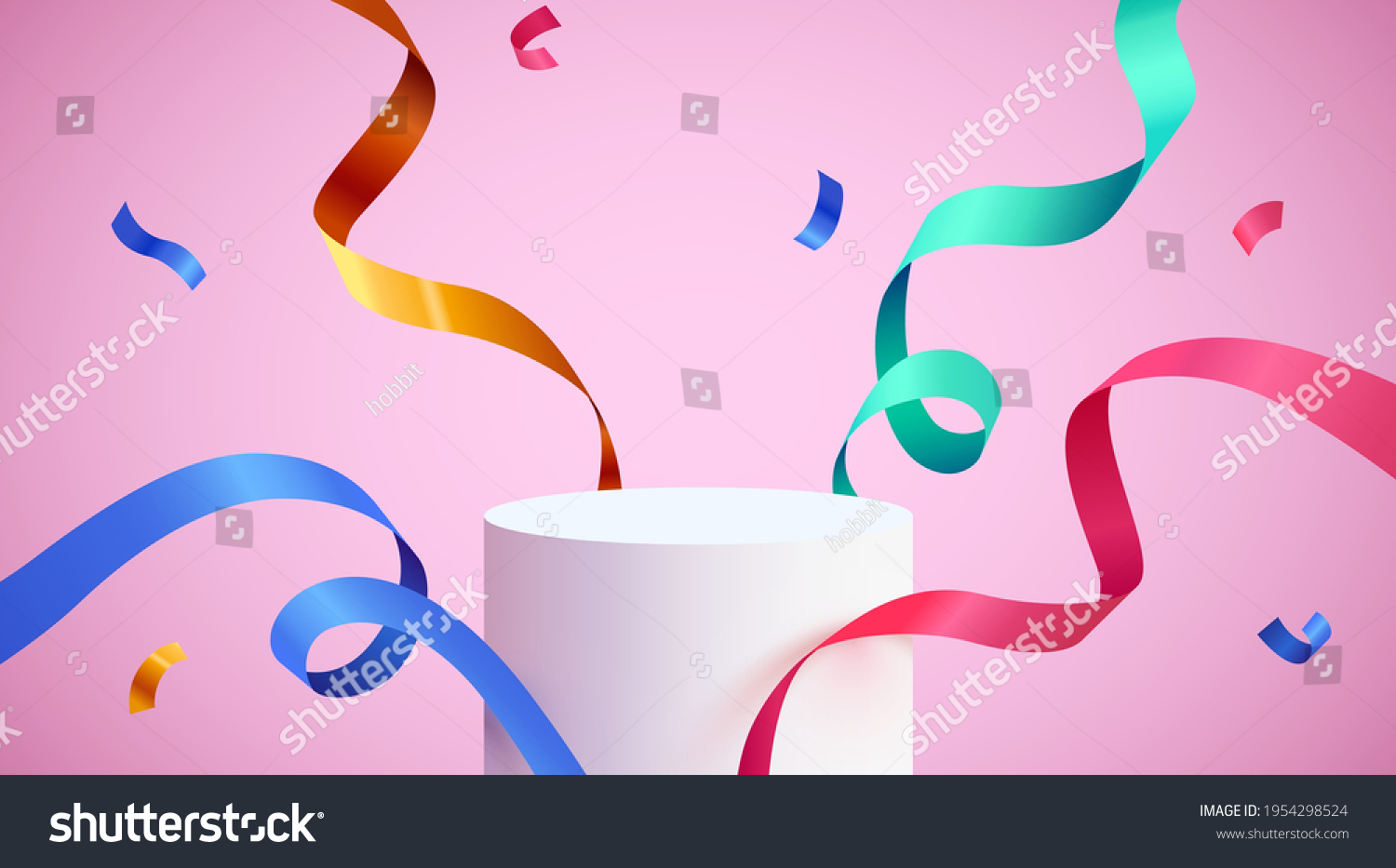 Abstract scene background. Cylinder podium background with confetti and ribbons. Product presentation, mock up, show cosmetic product, Podium, stage pedestal or platform. Vector illustration #1954298524
