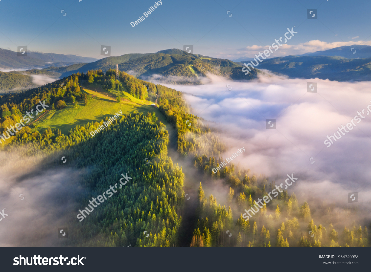 Mountains in clouds at sunrise in summer. Aerial view of mountain peak with green trees in fog. Beautiful landscape with high rocks, forest, sky. Top view from drone of mountain valley in low clouds #1954740988