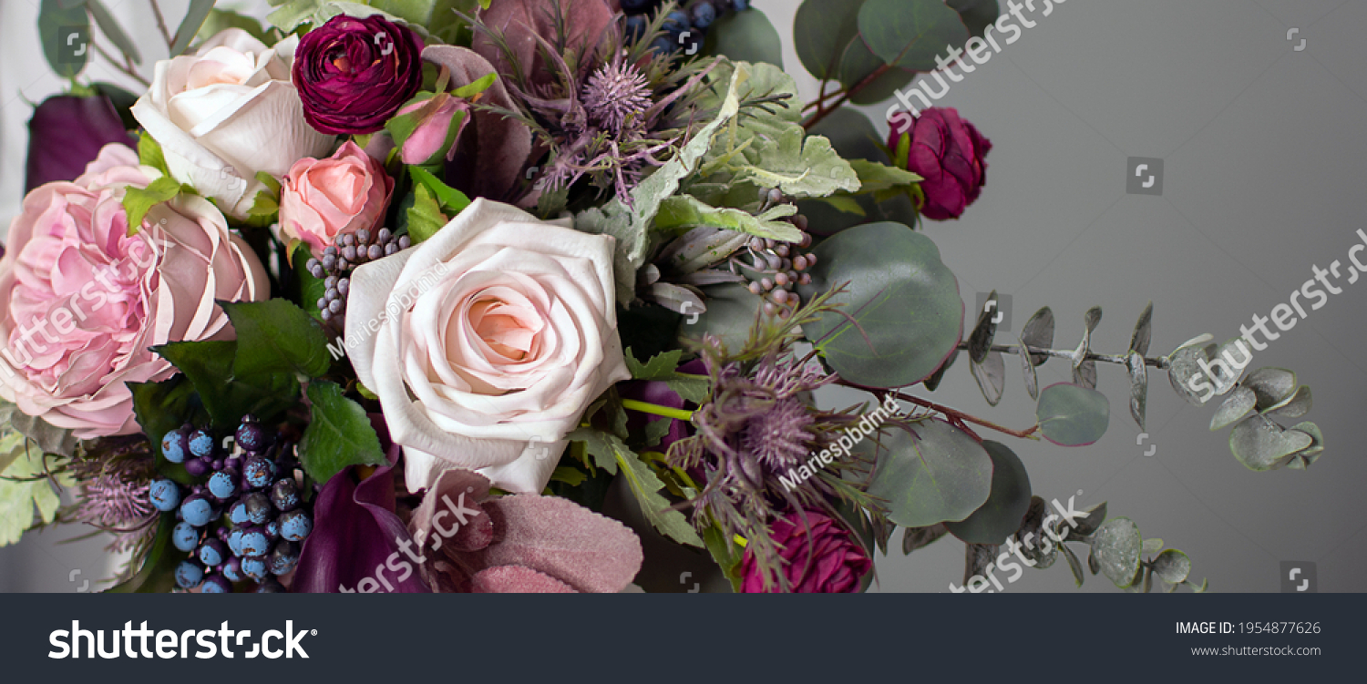 floral background. A long floral banner. Floristics. Purple and green. Colorful bouquet in cool colors. #1954877626