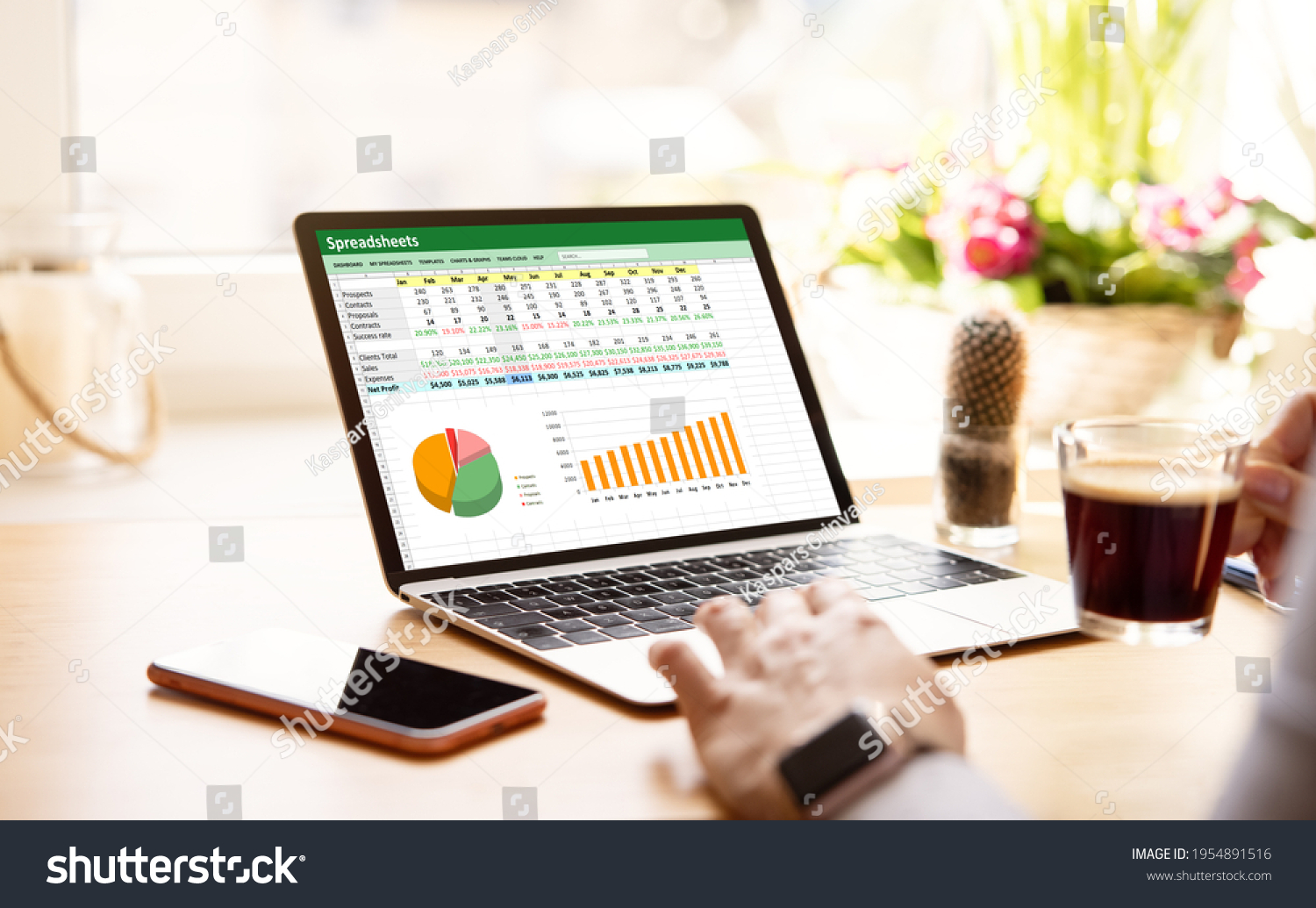 Woman working with spreadsheets on laptop computer #1954891516