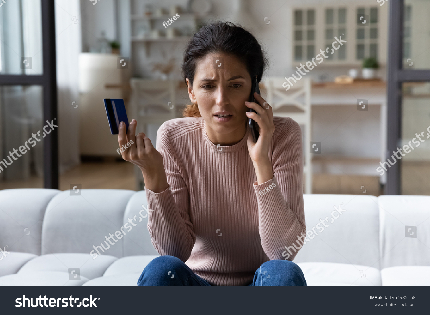 Client support line. Worried young hispanic woman ebank customer contact call center service having problem with payment by credit card. Anxious millennial lady talk to personal bank manager ask help #1954985158