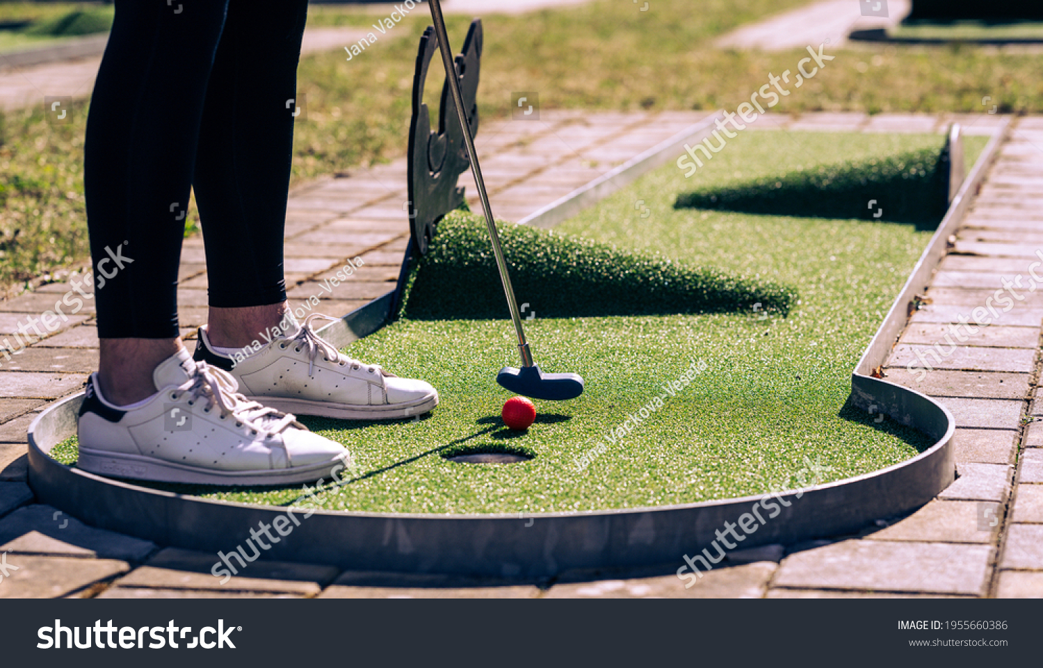 Minigolf player with white sneakers putting golf ball into the hole on bumpy green lane.  #1955660386