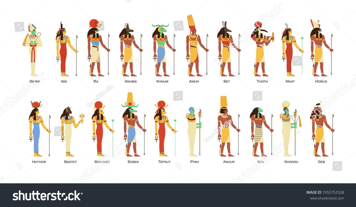 Set of Egyptian gods and goddesses. Deities of Ancient Egypt. Myth Cairo figures and statues. Colored flat vector illustration of osiris, horus, ra, sobek and thoth isolated on white background. #1955752528