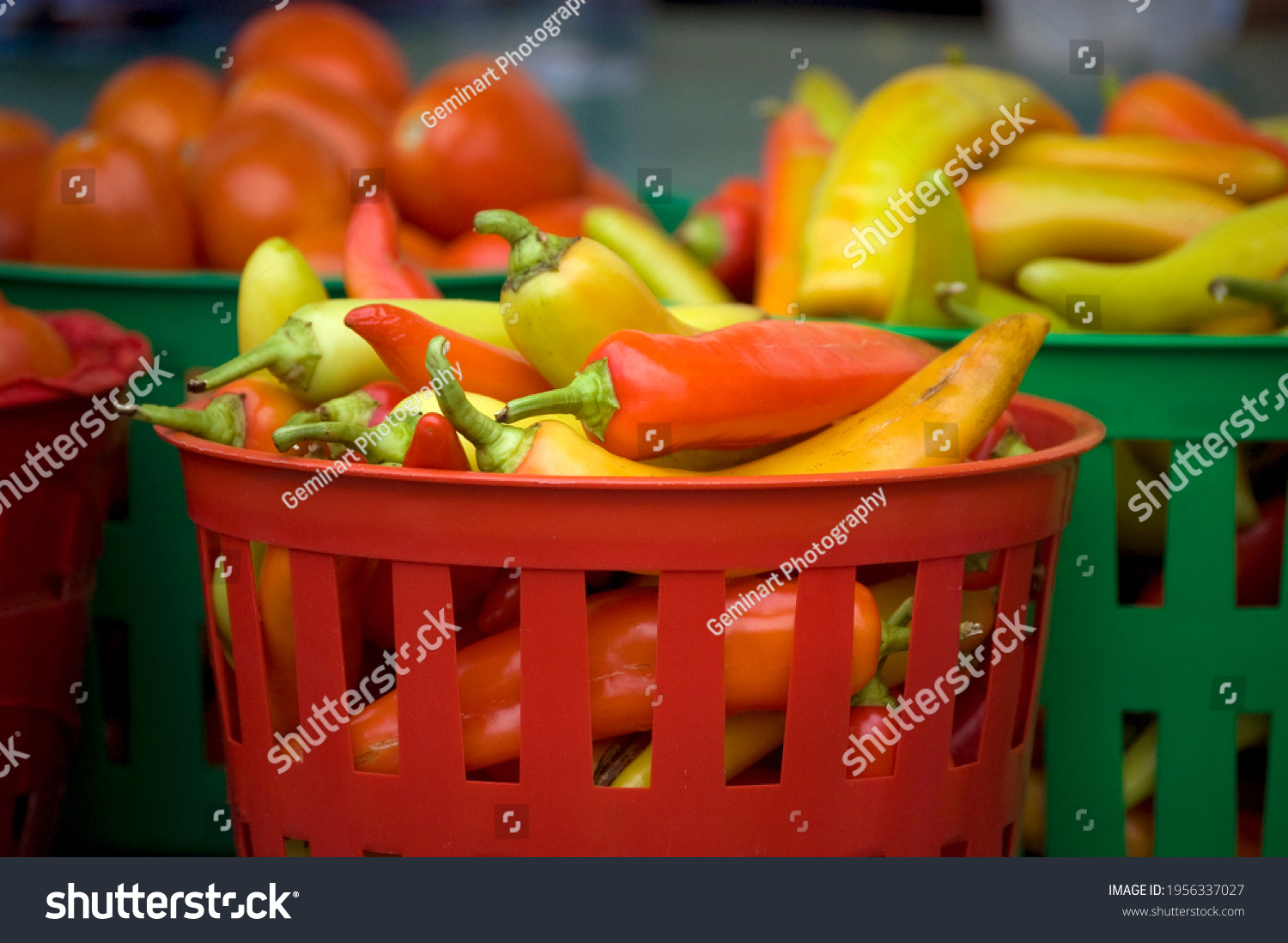 Fresh vegetables in baskets at a farmers market.  #1956337027