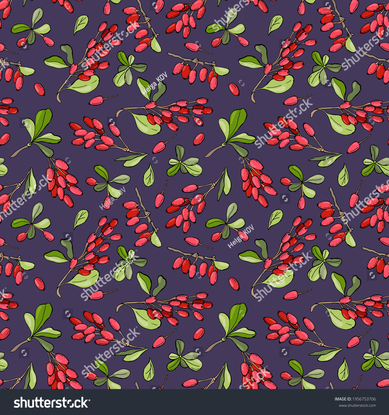 Barberry berries. Hand-drawn seamless pattern on a gray background. Design for fabric, textile, wallpaper, packaging.	
 #1956753706