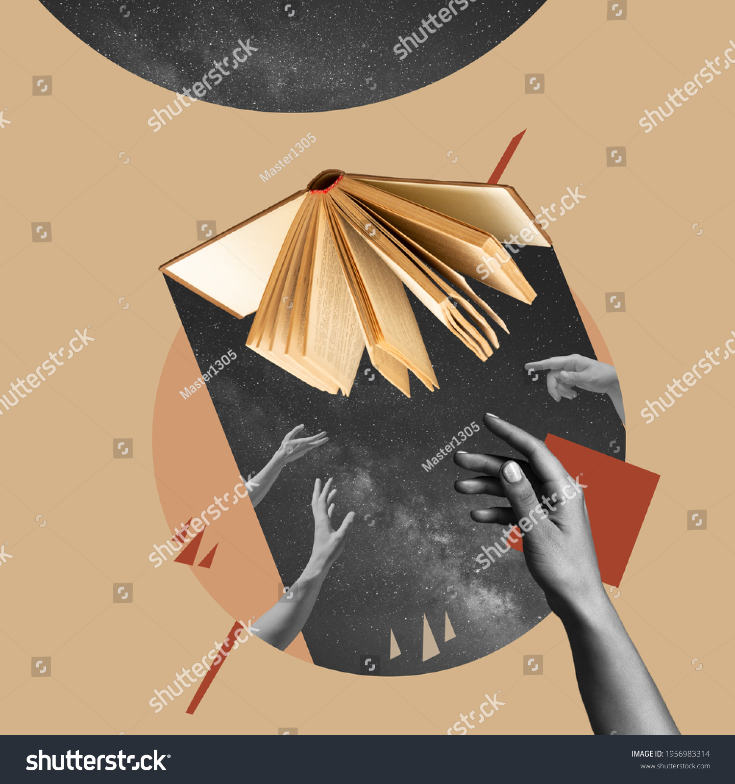 Different hands reaching opened book, mystical. Contemporary art collage, modern design. Aesthetic of hands. Trendy pastel colors. Copyspace for your ad or text. Surreal conceptual poster. #1956983314