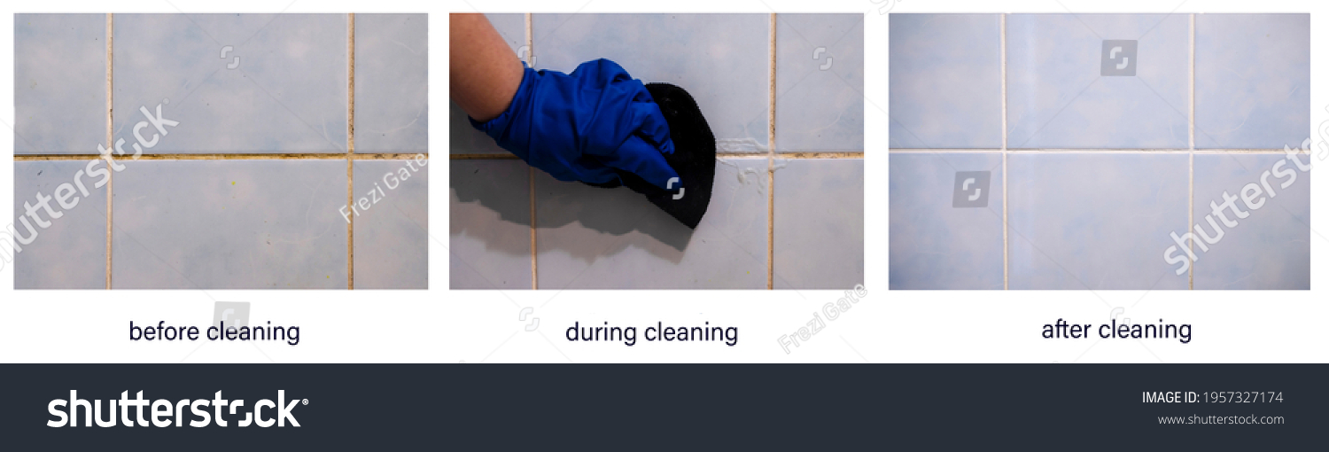 Dirty old joints between the tiles in the bathroom. Toxic mold and yellowness of the interplate joints in the bathroom before, after and during cleaning. #1957327174