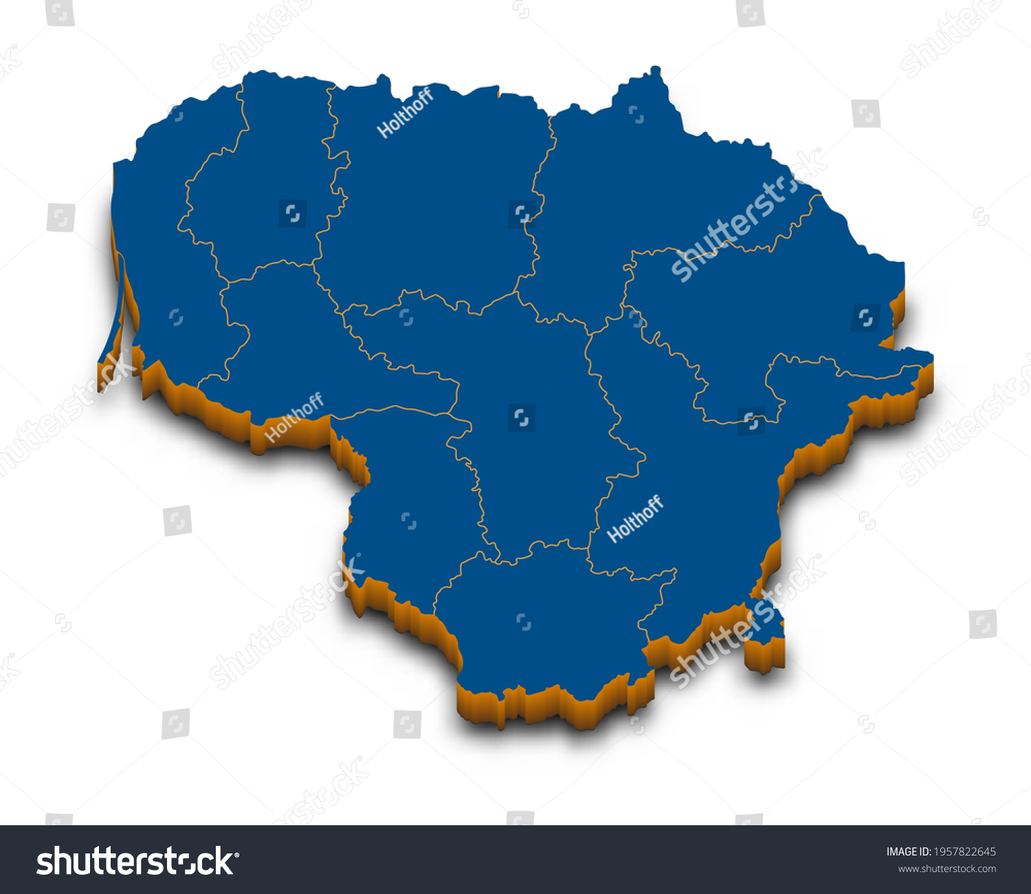 Lithuania map vector. High detailed administrative 3D map of Lithuania with dropped shadow. Vector blue isometric silhouette with administrative divisions. All isolated on white background #1957822645