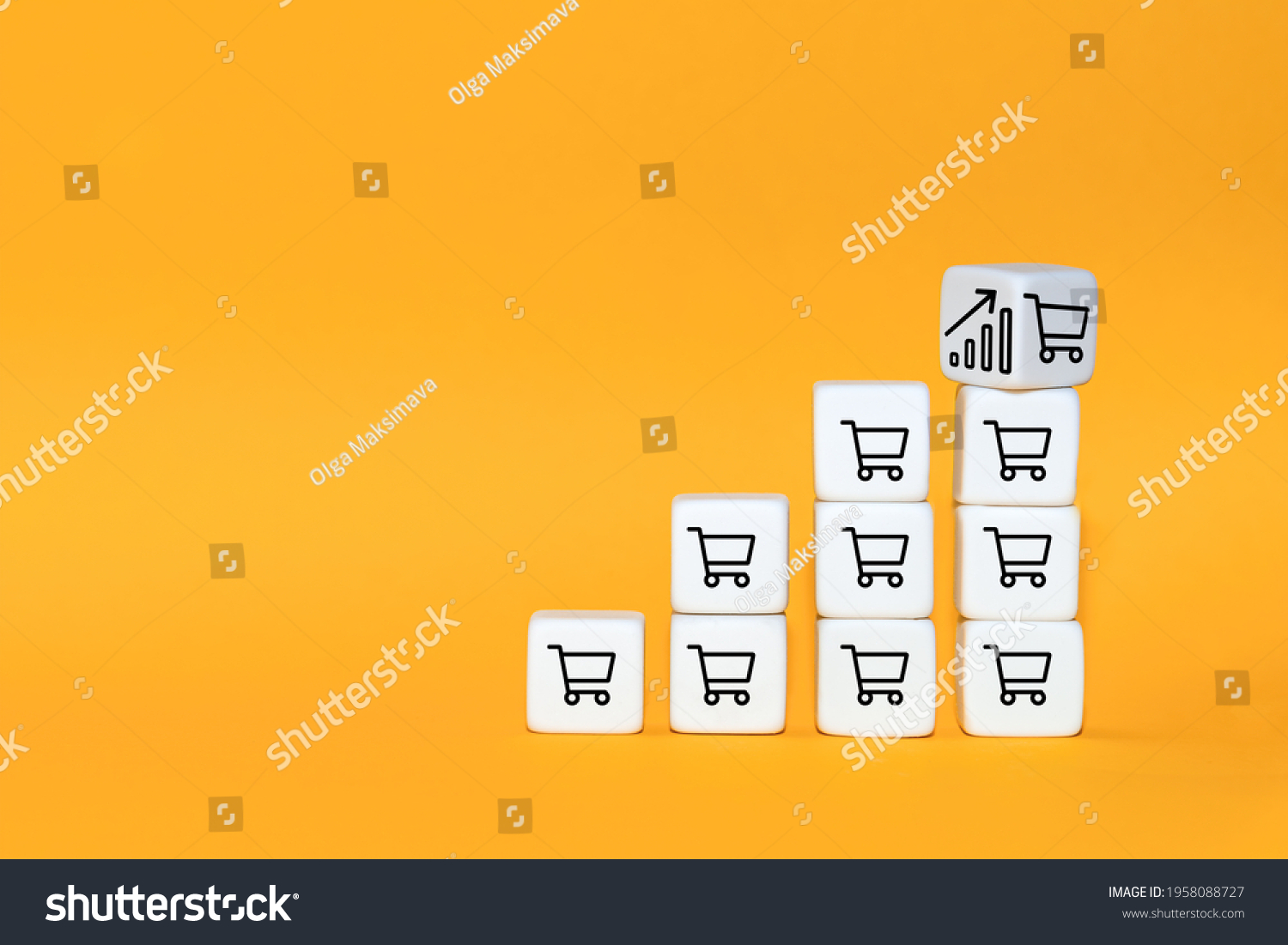 Sale volume increase make business grow. The cube turns over with icon graph and shopping cart symbol. #1958088727