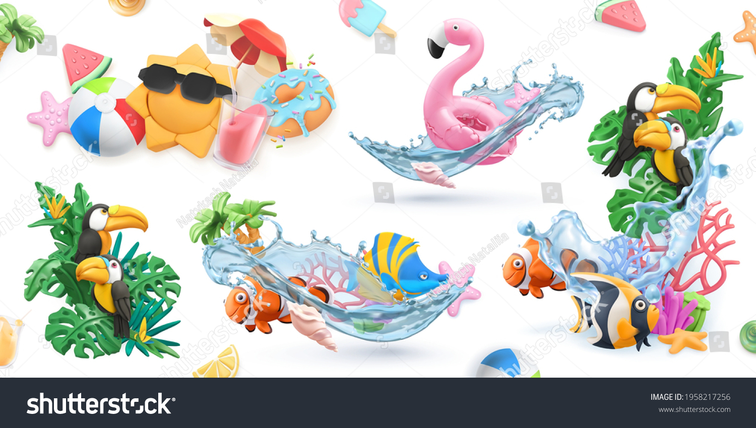 Summer creative icon set. 3d realistic vector high quality objects #1958217256