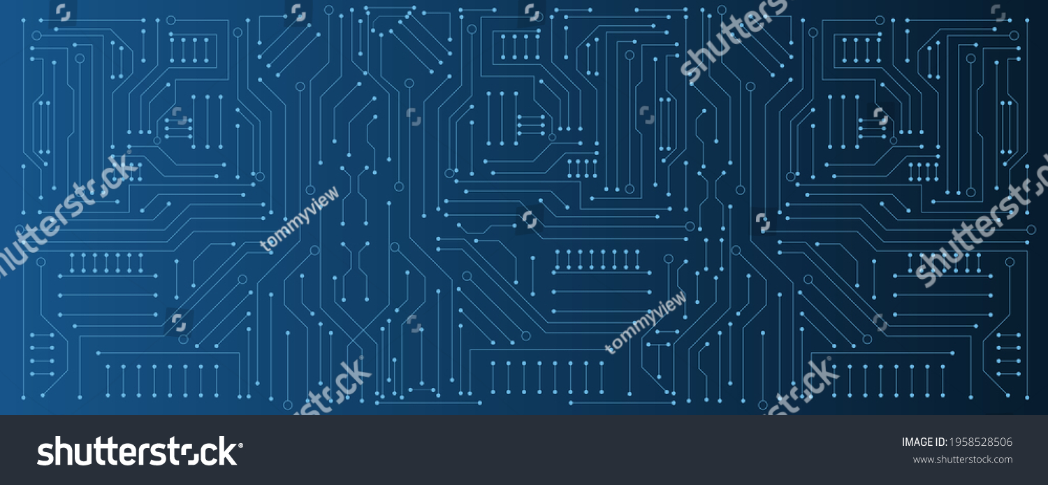 circuit board electronic or electrical line on blue engineering technology concept vector panorama background #1958528506