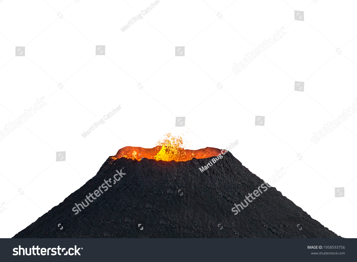 Volcano crater during lava eruption isolated on white background #1958593756