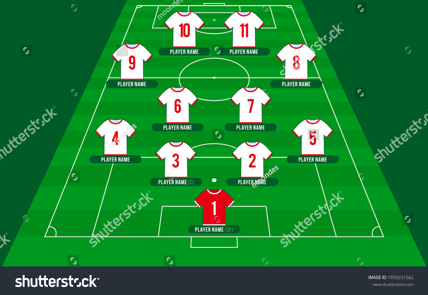 Football team formation. World Soccer or football field with 11 shirt with numbers vector illustration. soccer lineup #1959231562