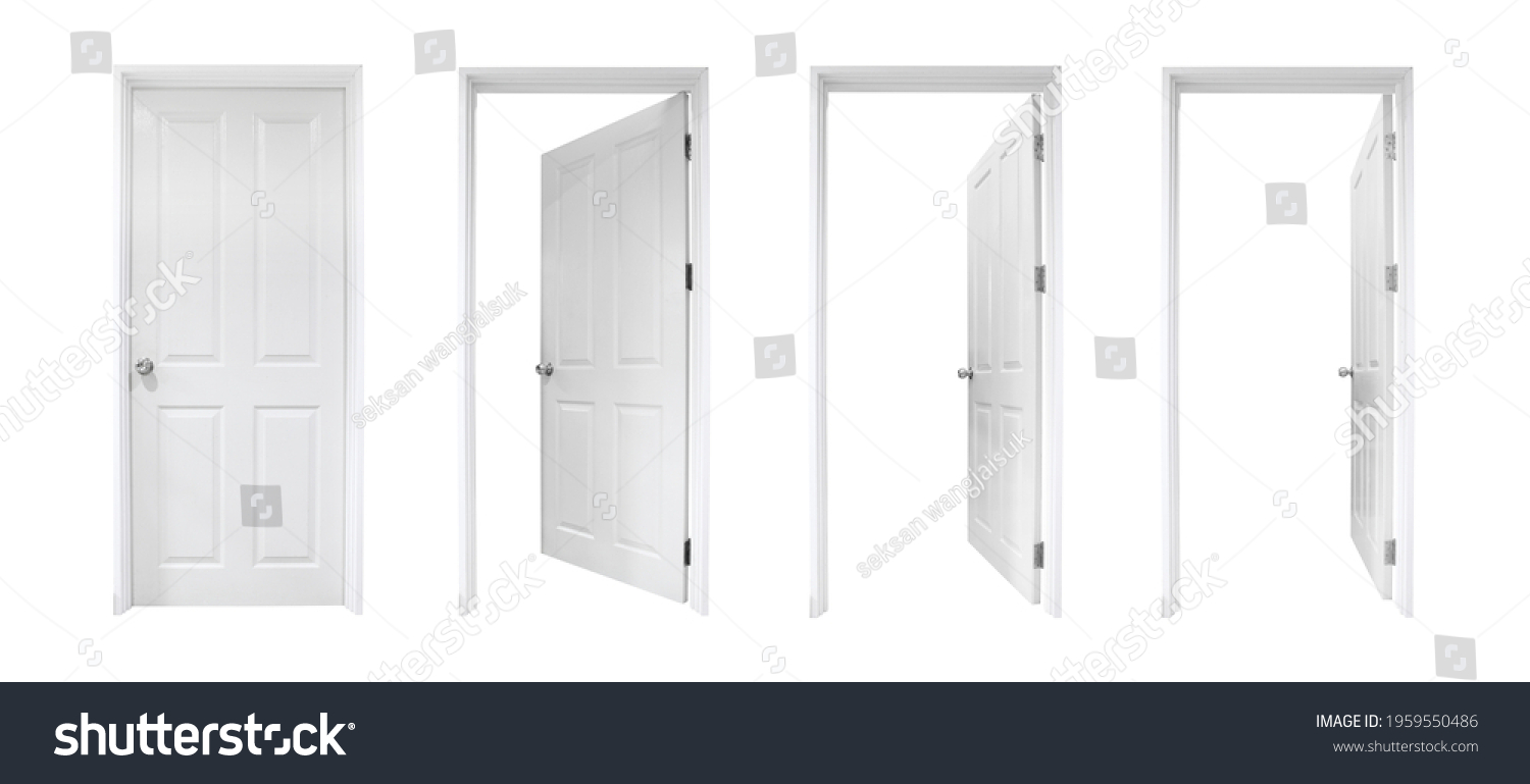 white open and closed doors with doorframe isolated on white background #1959550486