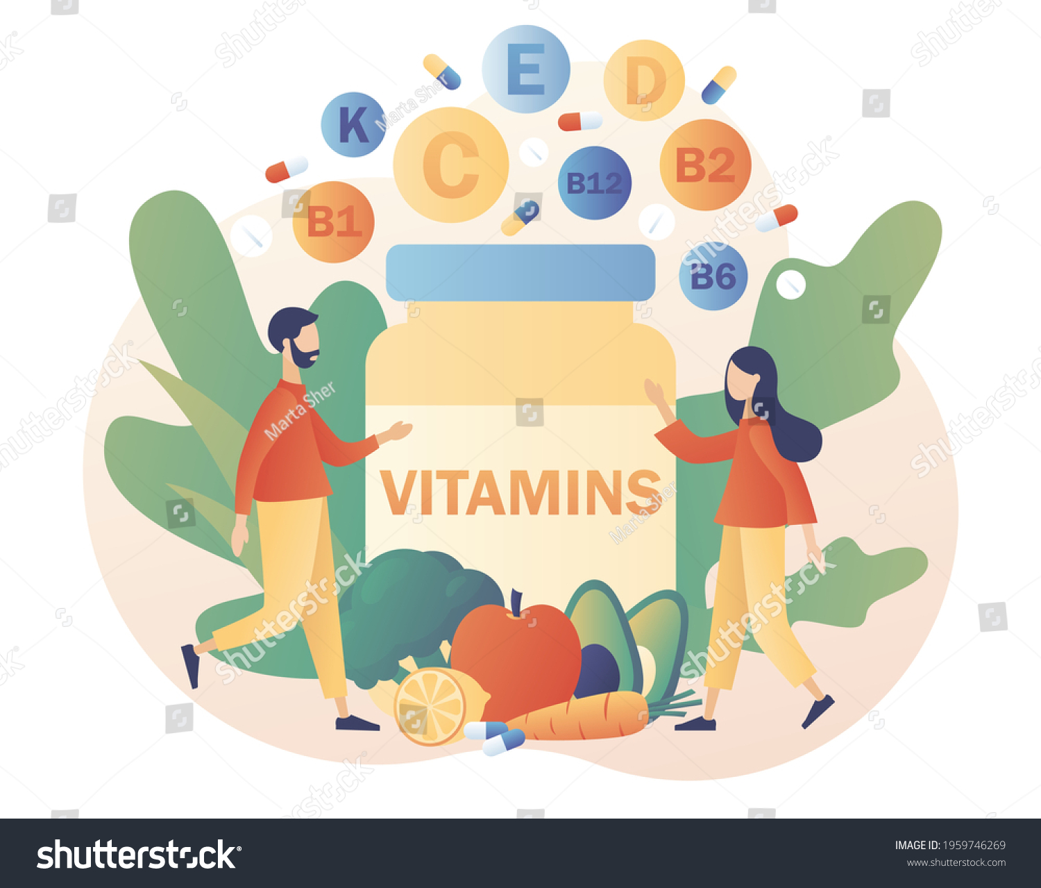 Vitamins complex. Healthy lifestyle. Tiny people and jar multi vitamin supplement, vitamin A, group B B1, B2, B6, B12, C, D, E, K. Modern flat cartoon style. Vector illustration on white background #1959746269