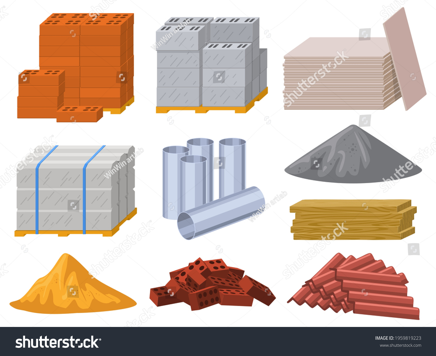 Building materials. Construction industry bricks, cement, wooden planks and metal pipes vector illustration set. Building insulation roofing material. Construction wooden material, block to building #1959819223