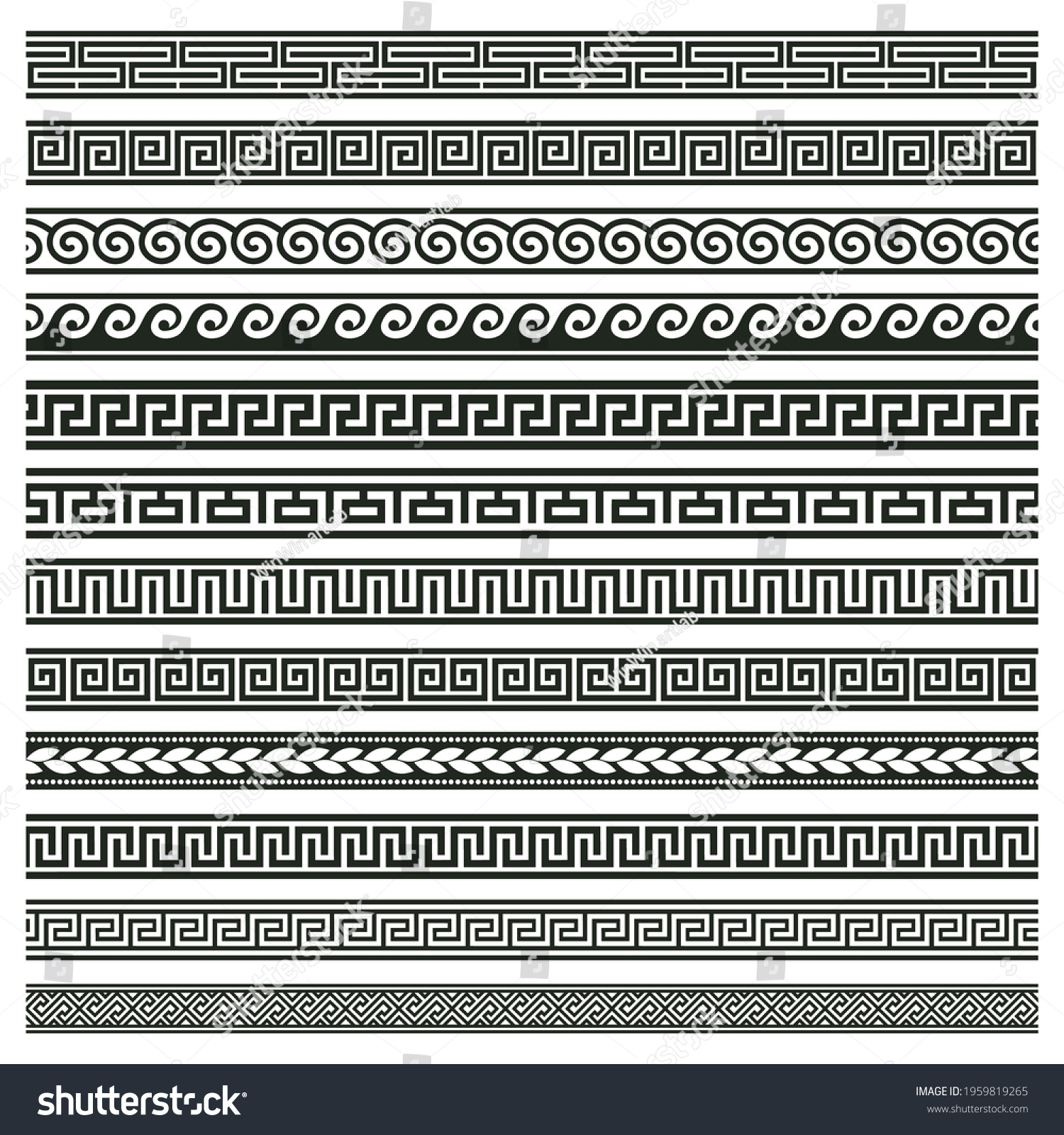 Ancient greek borders. Greek roman meander and wave decorative seamless patterns vector illustration set. Greek geometric meander borders. Roman pattern decoration, border wave meander #1959819265